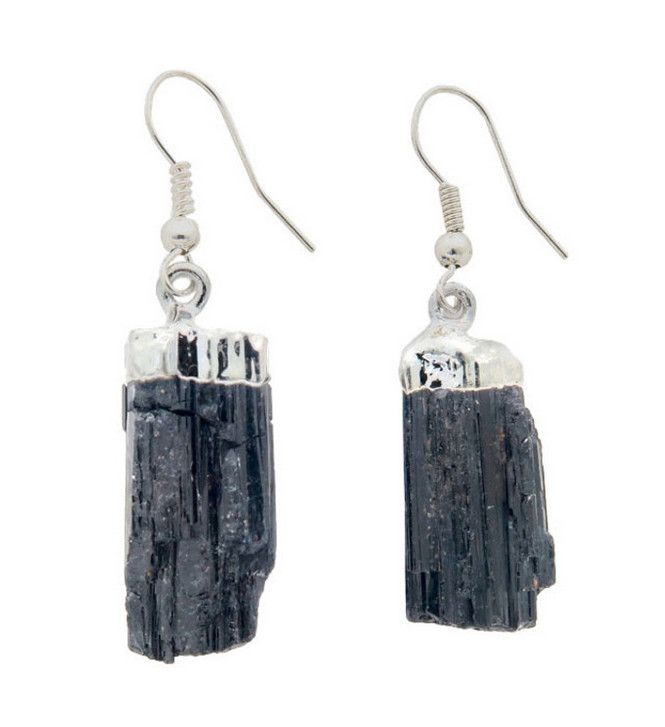 Black Tourmaline Rough Dangle Sterling Silver Earrings