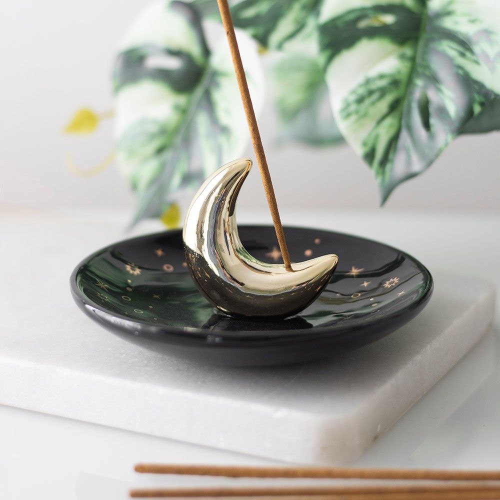 Gold Crescent Moon Ceramic Incense Holder