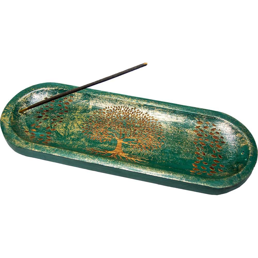 Oval Wooden Incense Holder Engraved Tree of Life - Teal