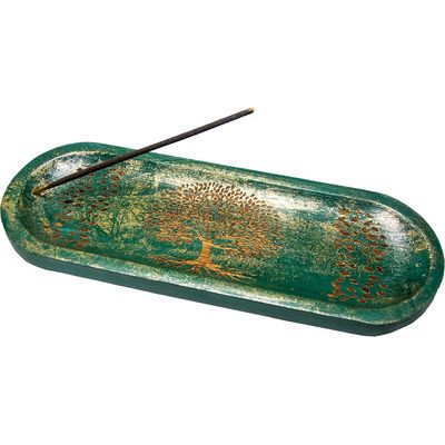 Oval Wooden Incense Holder Engraved Tree of Life - Teal