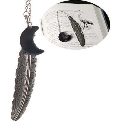 Metal Feather &amp; Black Tourmaline Moon Bookmark