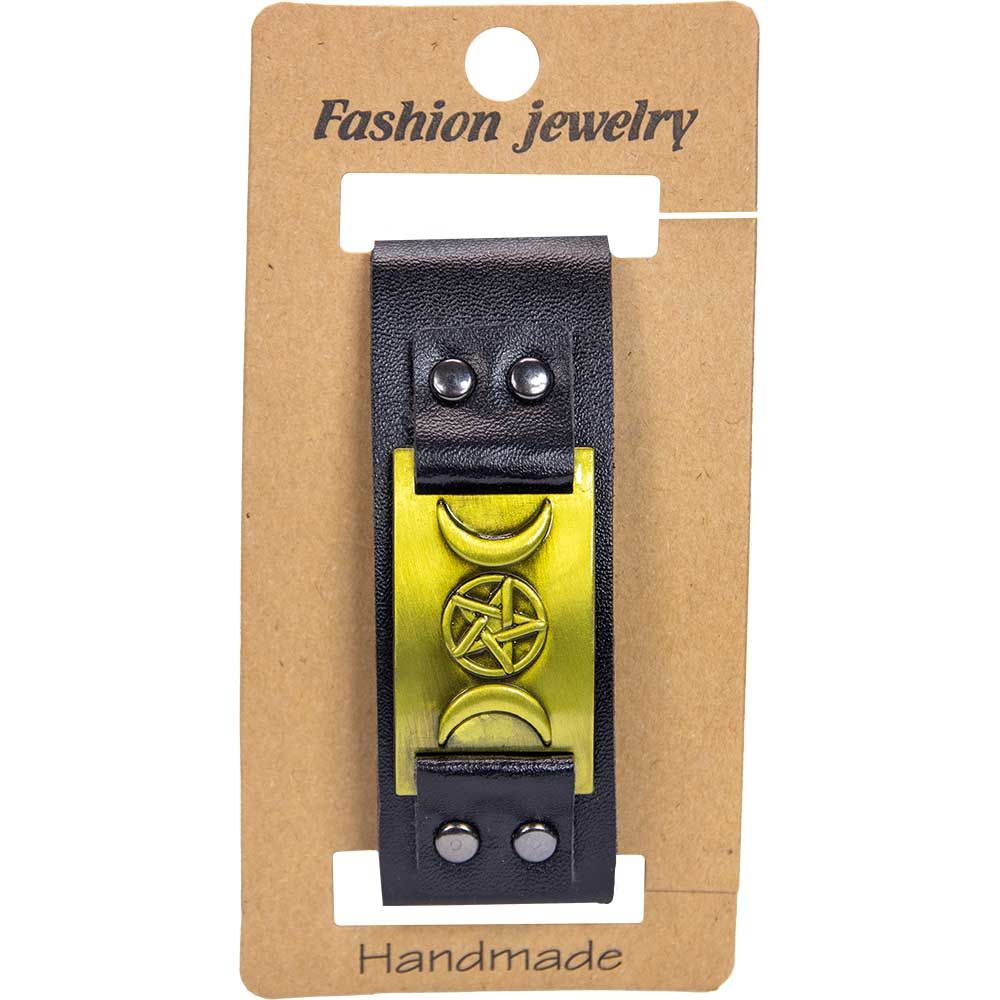 Handmade Vegan Leather Bracelet - Black Triple Moon Pentacle