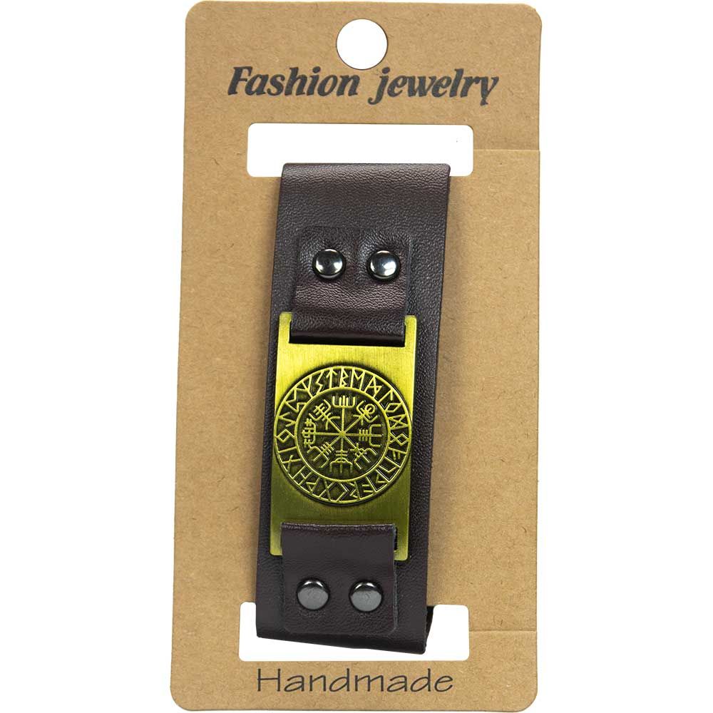 Handmade Vegan Leather Bracelet - Brown Runic Viking Wheel