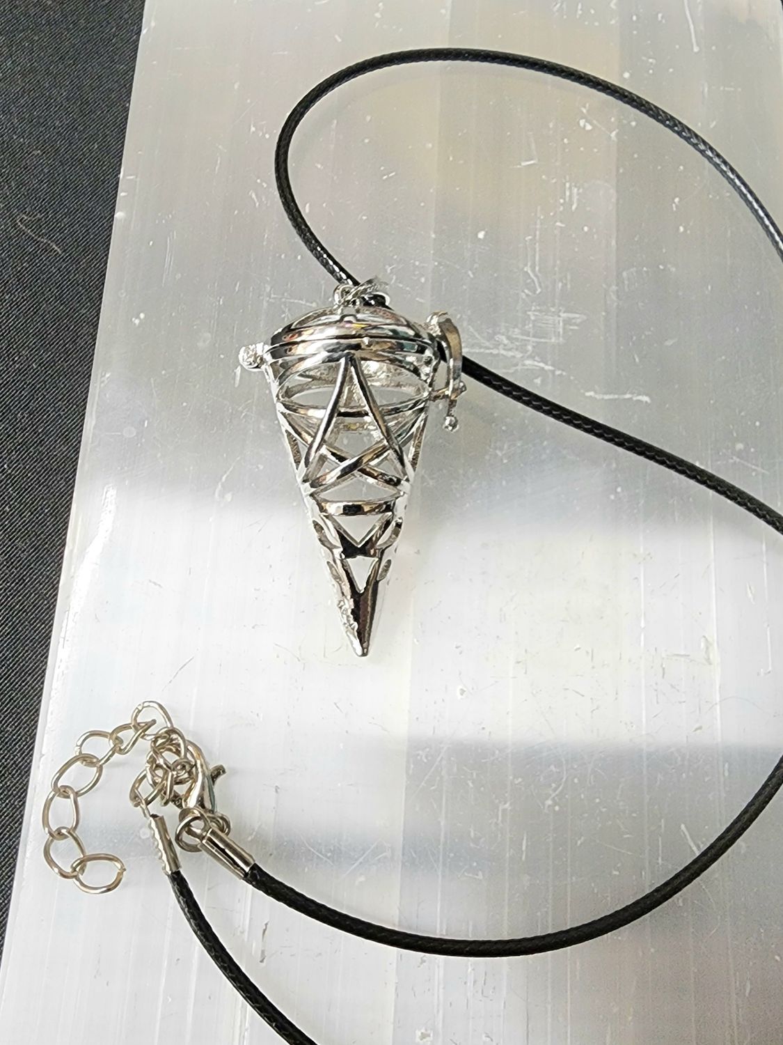 Pendants Cone Cage for Crystals w/ Pentacle on Black Necklace