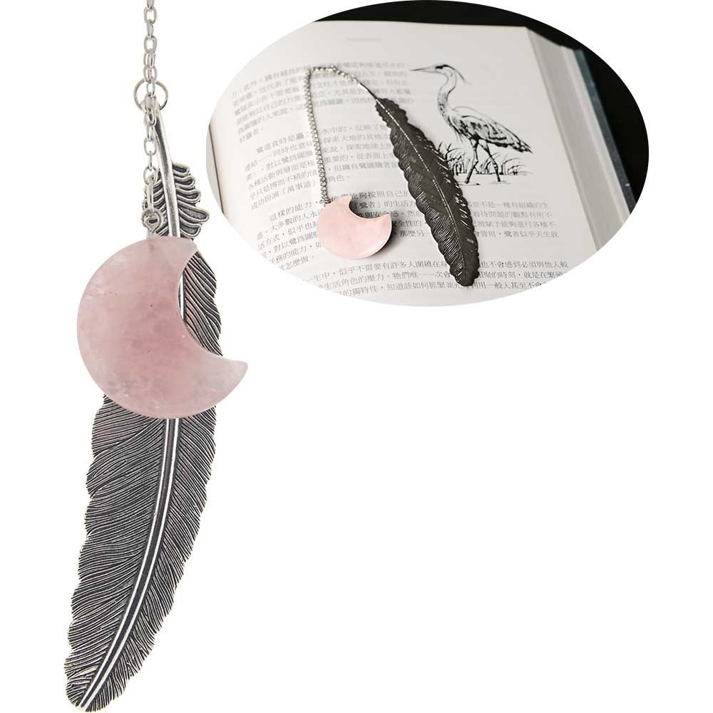 Metal Feather &amp; Rose Quartz Moon Bookmark