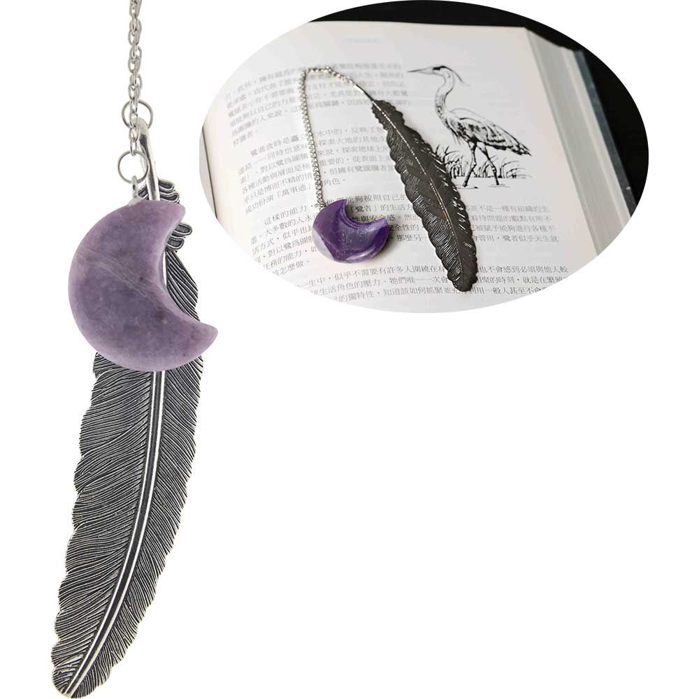 Metal Feather &amp; Amethyst Moon Bookmark