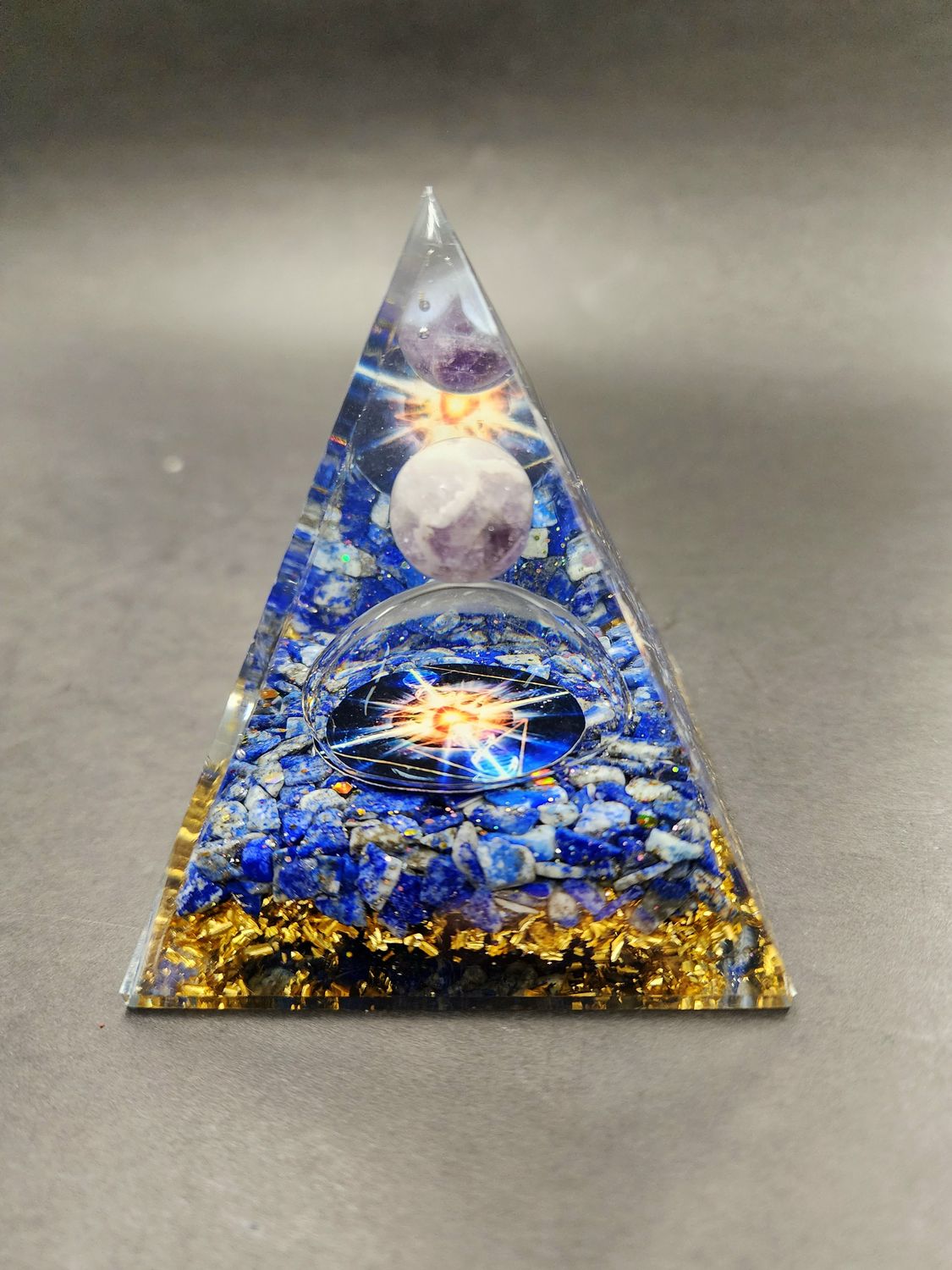 Orgonite / Orgone Pyramid Amethyst Planet, Lapis Base 3" x 3.5"