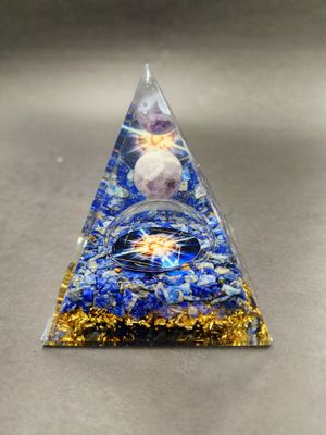 Orgonite / Orgone Pyramid Amethyst Planet, Lapis Base 3" x 3.5"