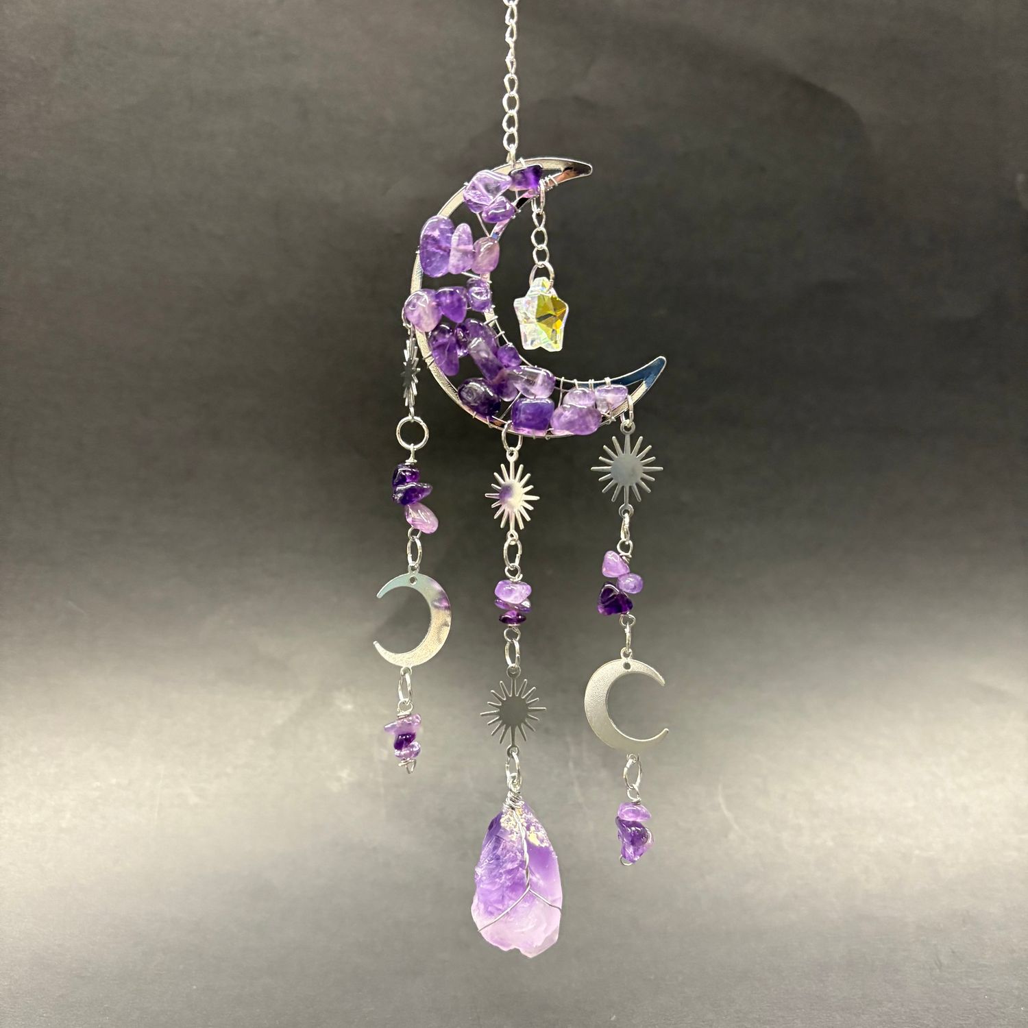 Suncatcher - Moons &amp; Stars w/ Amethyst Wire Wrapped