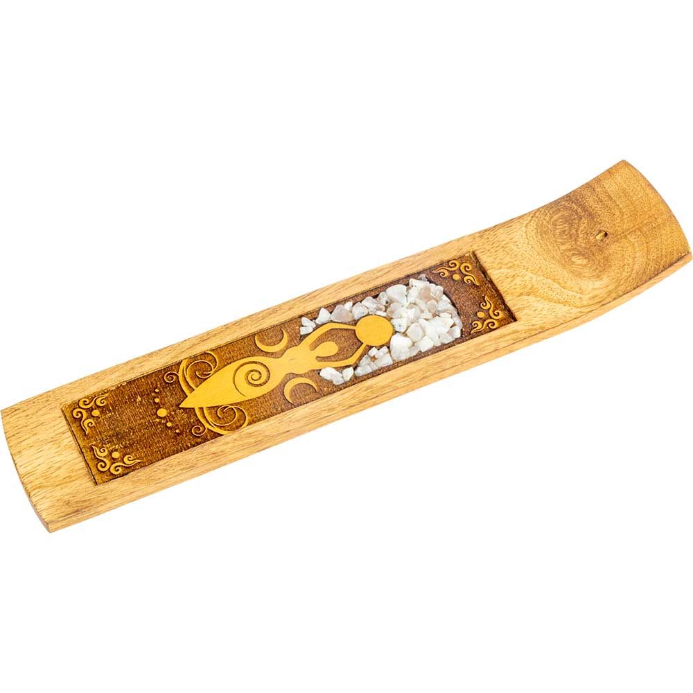Wood Incense Holder with Etched Moon Goddess Moonstone Inlay 10"