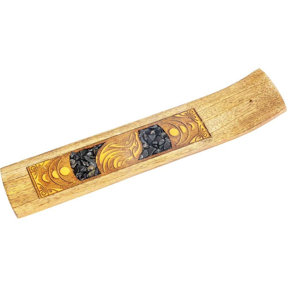 Wood Incense Holder with Wolf &amp; Black Onyx Inlay 10"
