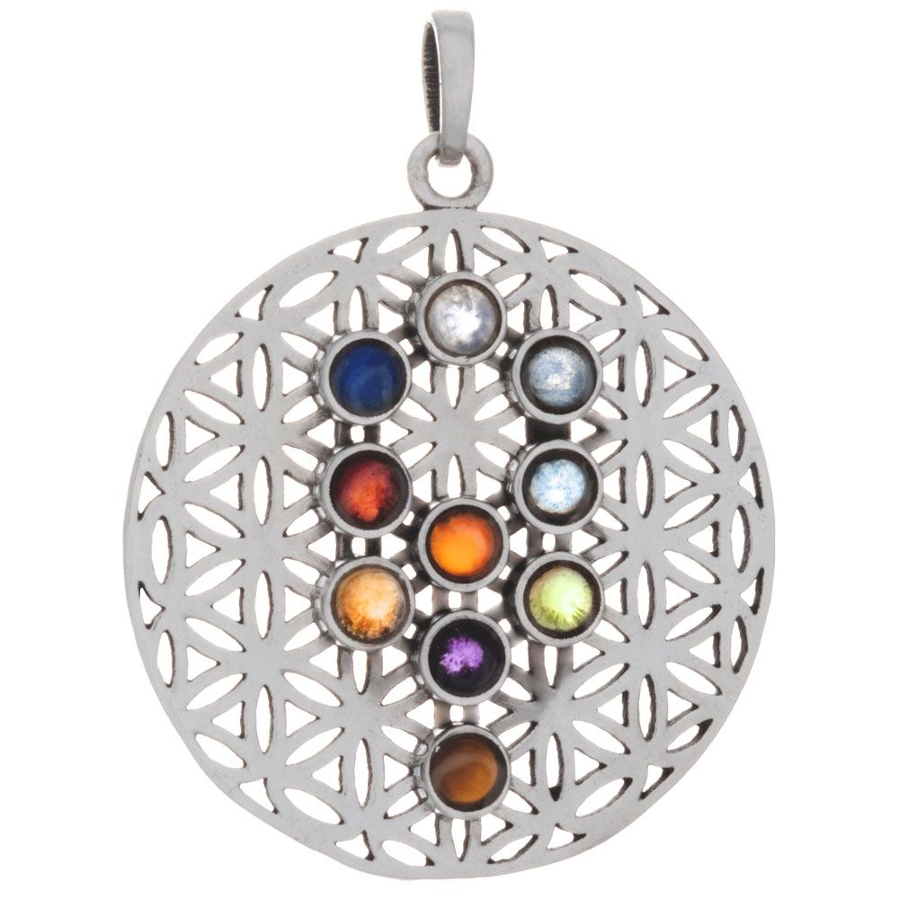 Flower Of Life Pendant w/ 10 Stones Sterling Silver 1"