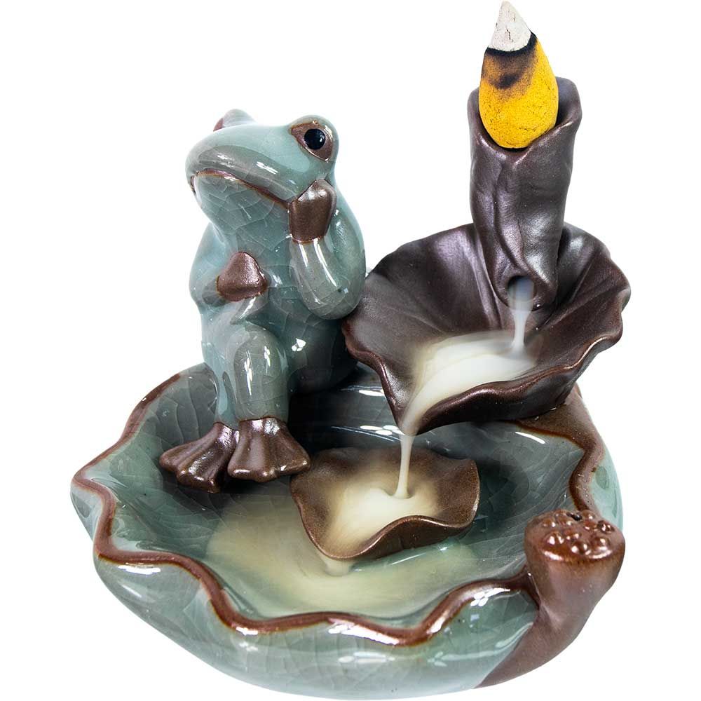 Ceramic Incense Holder - Backflow Frog on Lotus