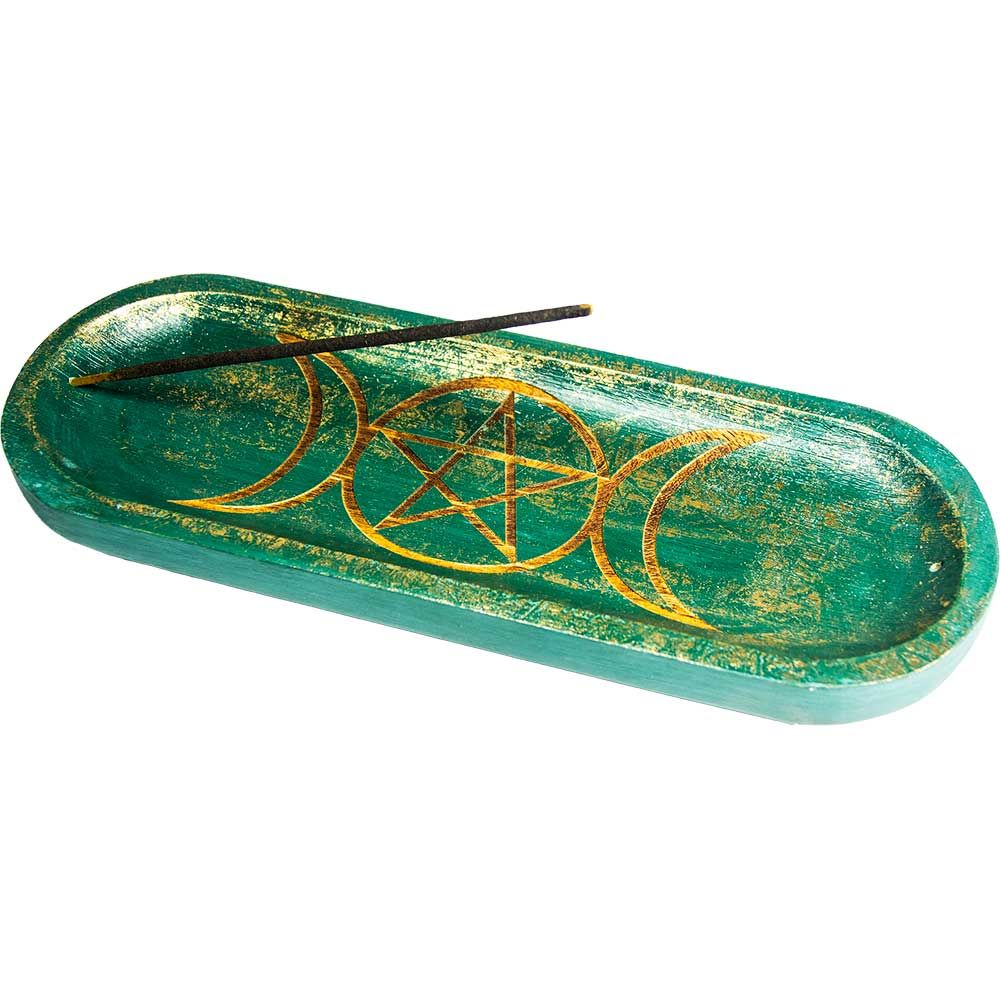 Oval Wood Incense Holder Engraved Pentacle - Teal