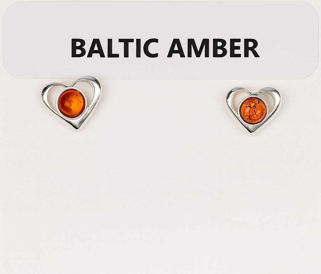 Baltic Amber Heart Stud Earrings Sterling Silver