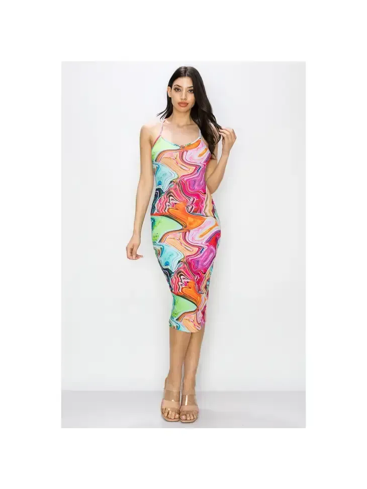 CROSS BACK SLEEVELESS BODYCON MIDI DRESS  PINK MARBLE