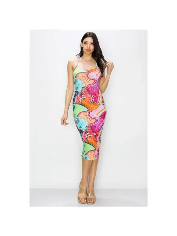 CROSS BACK SLEEVELESS BODYCON MIDI DRESS  PINK MARBLE