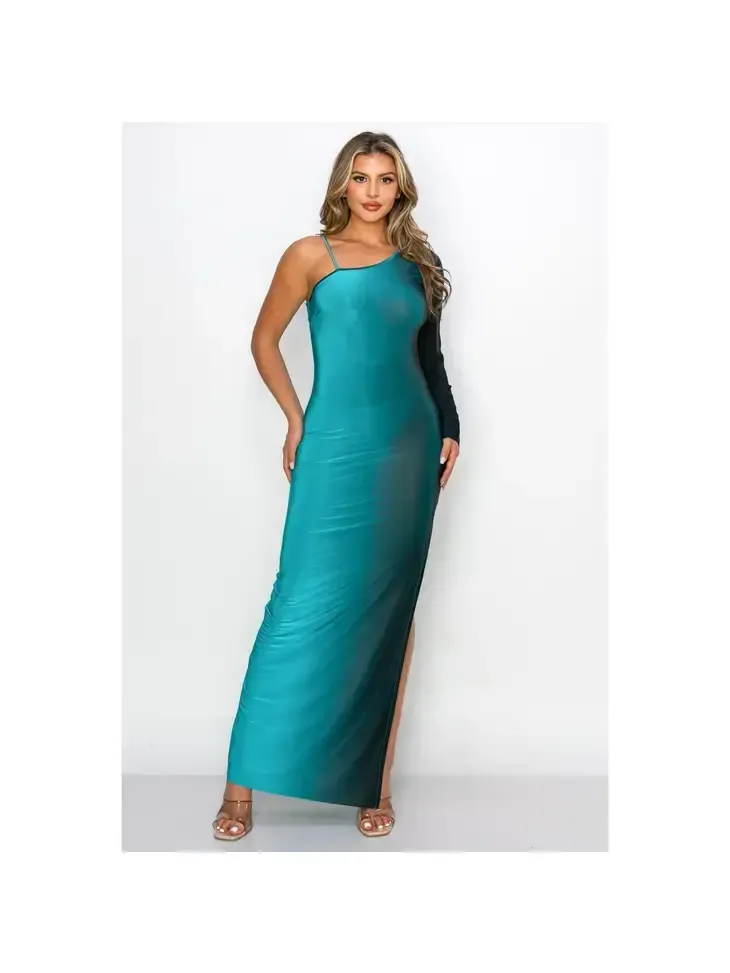 ASYMMETRICAL SLEEVE MAXI DRESS  TEAL