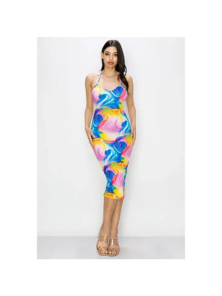CROSS BACK SLEEVELESS BODYCON MIDI DRESS  BLUE MARBLE