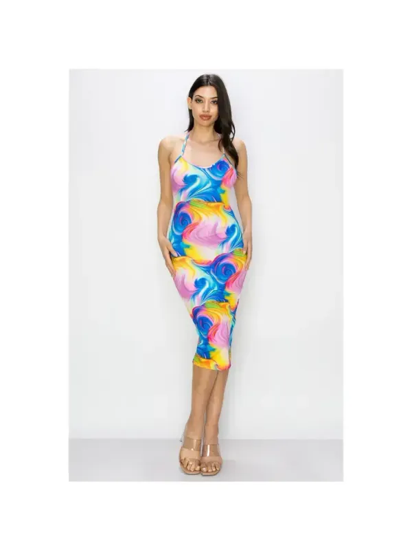 CROSS BACK SLEEVELESS BODYCON MIDI DRESS  BLUE MARBLE