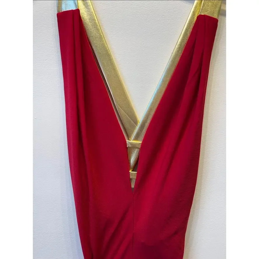 SLEEVELESS DEEP V-NECKLINE MAXI DRESS  RED