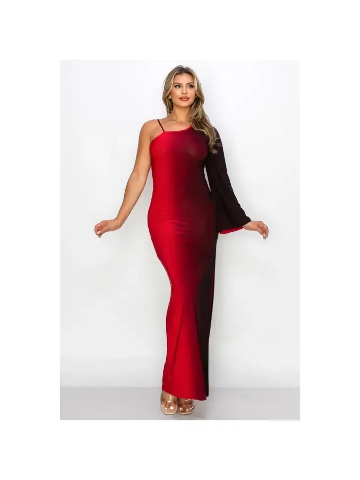 ASYMMETRICAL SLEEVE MAXI DRESS  RED
