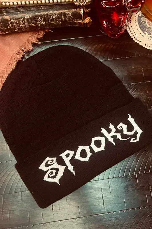 &quot;SPOOKY&quot; Beanie Skull Cap- BLK/WHT