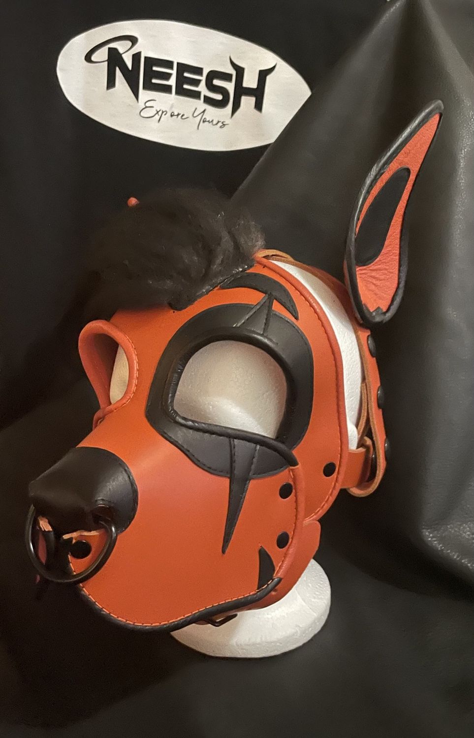 Custom Leather Hoods Orange Clown Specialty Clown Pup