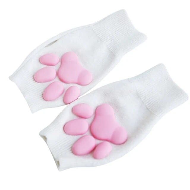 3D Paw Pad Fingerless Cashmere Gloves White/Pink