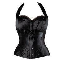Black Satin Halterneck Overbust Ribbon Corset US14