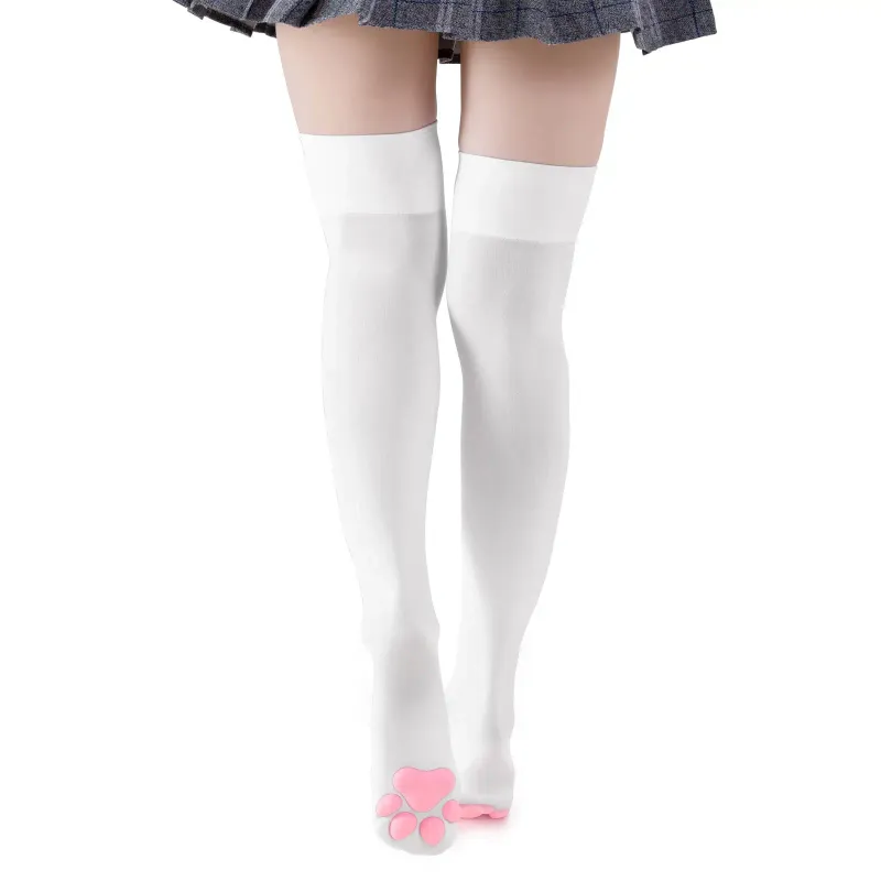3D Paw Pad Long Silk Stockings White