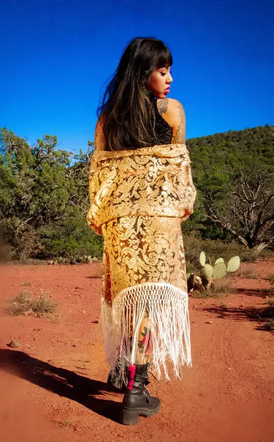 Rose Gold Lace Kimono with White Fringe