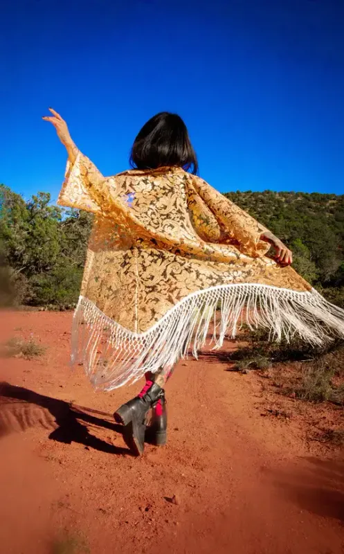 Rose Gold Lace Kimono with White Fringe
