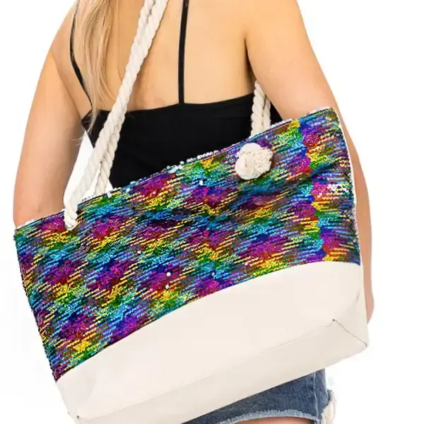 Rainbow Sequins Canvas Tote Rope Bag