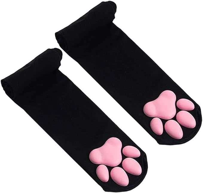 3D Night-Glow Pink/Yellow Paw Pad Long Silk Stockings Black