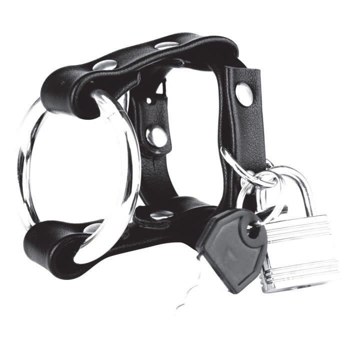 Blue Line Metal Cock Ring With Locking Ball Strap