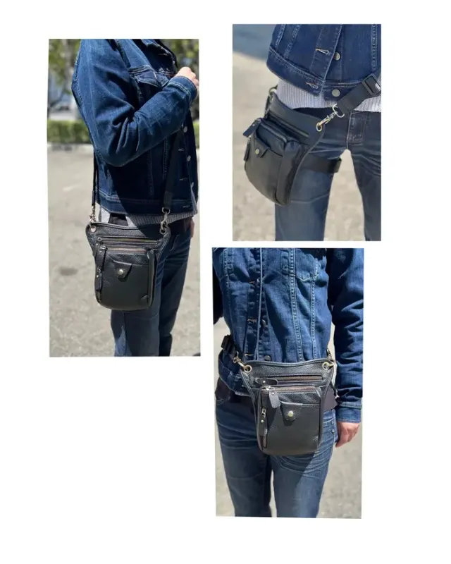 Cowhide Versatile Crossbody Shoulder Bag Fanny Pack Leg Bag  Black