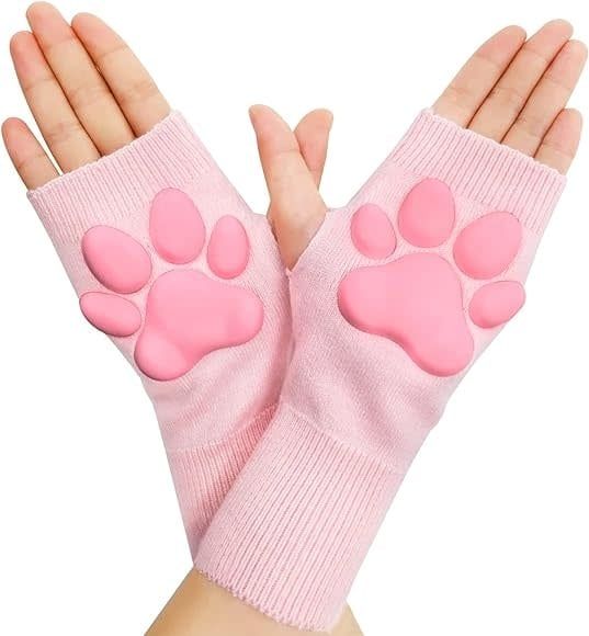 3D Paw Pad Fingerless Cashmere Gloves Pink/Pink