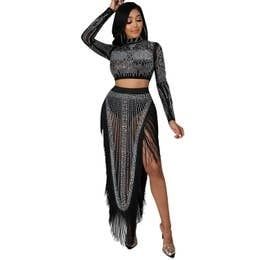 Rhinestone 2-piece Mesh Dress Set, Color: Black, Size: MED