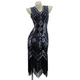 Flapper Dress Art Deco, Color: Black/Silver, Size: SM