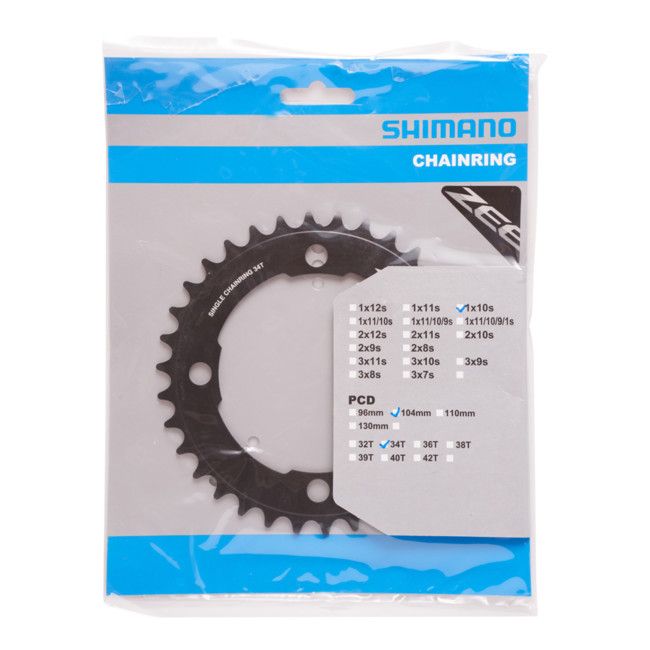 Shimano, Y1NG34000, 34T, 10sp, BCD: 104mm, 4 Bolt, ZEE FC-M640, Middle Chainring, For Single speed, Aluminum, Black