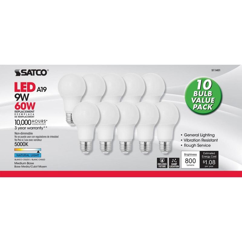 S11401 9W A19 LED E26 5000K 120V 10PK
