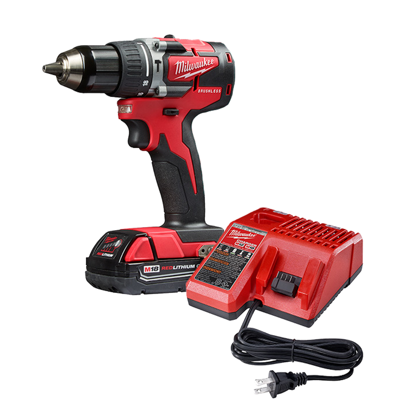 Milwaukee 2802-22CT M18 18-Volt Lithium-Ion Brushless Cordless 1/2 in. Compact Hammer Drill / Driver Kit with 2 Batteries, Charger and Case