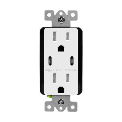 61501-2C3 Dual Type-C USB Charger with 15A DuplexTamper-Resistant Receptacles, 125 VAC;Combined Total of 3.6A Charging Power;Each Type-C Port Max- 3Amps@5V