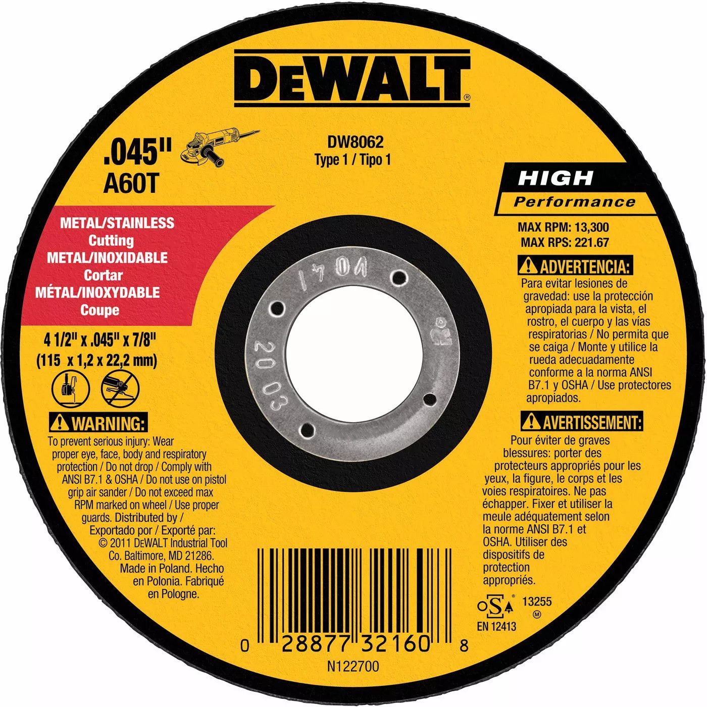BD-DW8062/ DISCO CORTAR S/S 4 1/2 X 0.45 RECTO