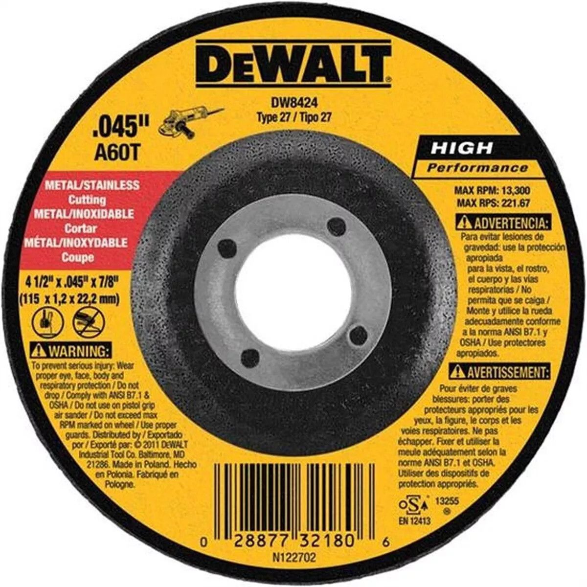 BD-DW8424Z/DISCO CORTAR S/S 4 1/2&quot; X 0.45&quot; DEPRESS