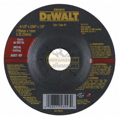 DW44619 DISCO CORTAR METAL 4 1/2&quot; X 3/64&quot; DEPRESS