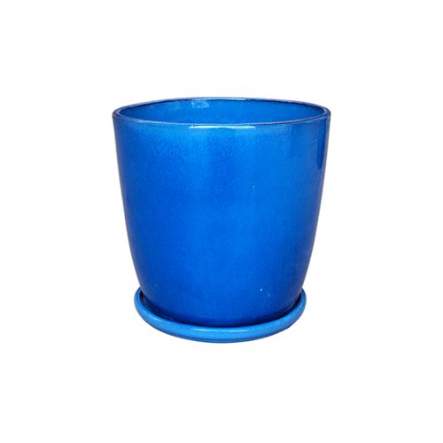 Pot Tall Crackle Glaze Egg Pot w/att Saucer Lrg 14x14 Blue