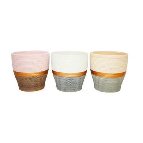 Pot Two Tone w/Gold Stripe &amp; Jute Hanger 4.7x4 Asst