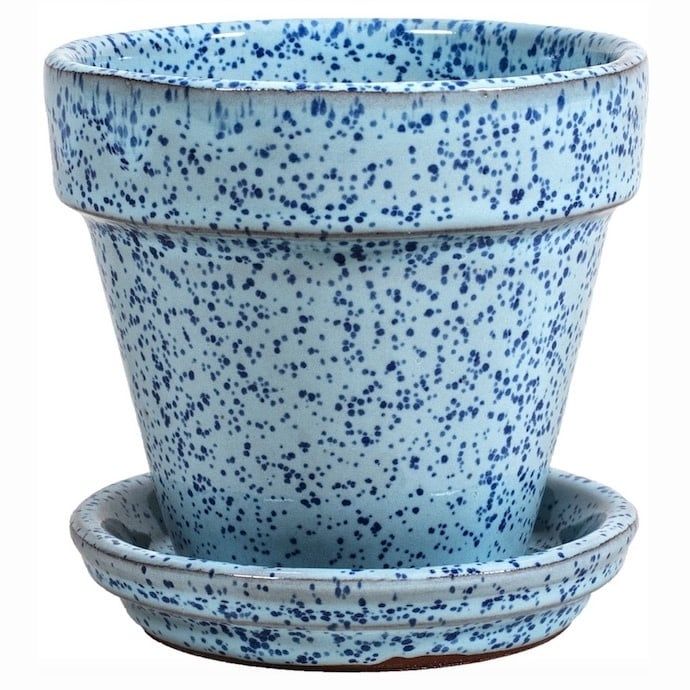 Pot Glazed Standard 4" w/att Saucer Speckled Blue Made in USA
